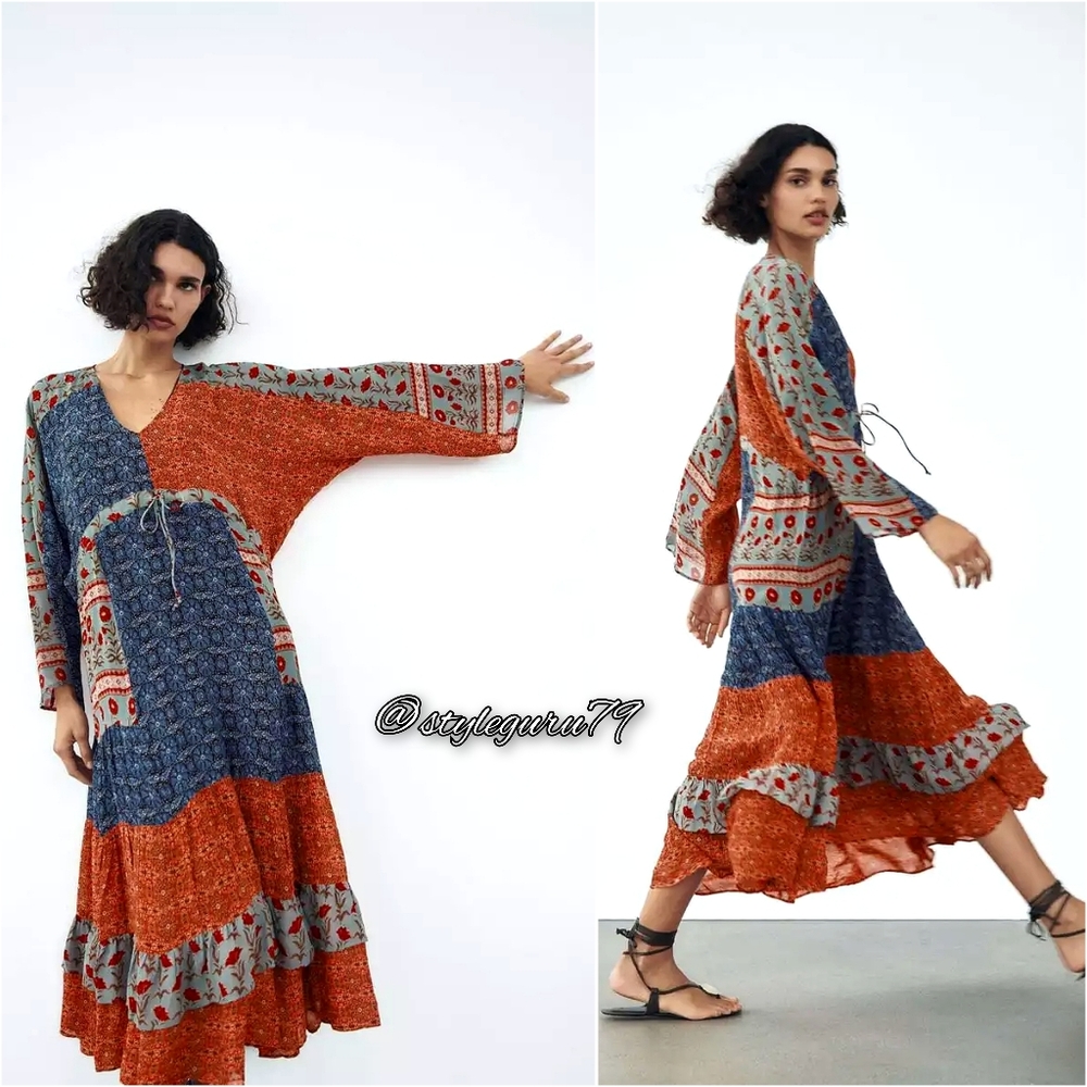 NWT, ZARA, Patchwork Printed Midi Dress - Picture 4 of 7